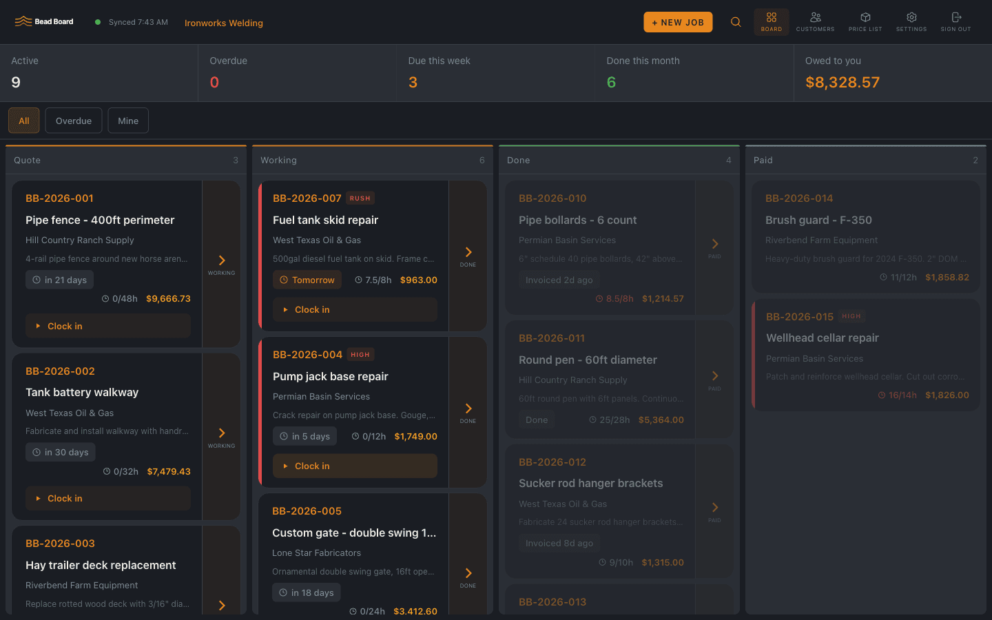 Bead Board job board — jobs flowing from Quote to Working to Done to Paid