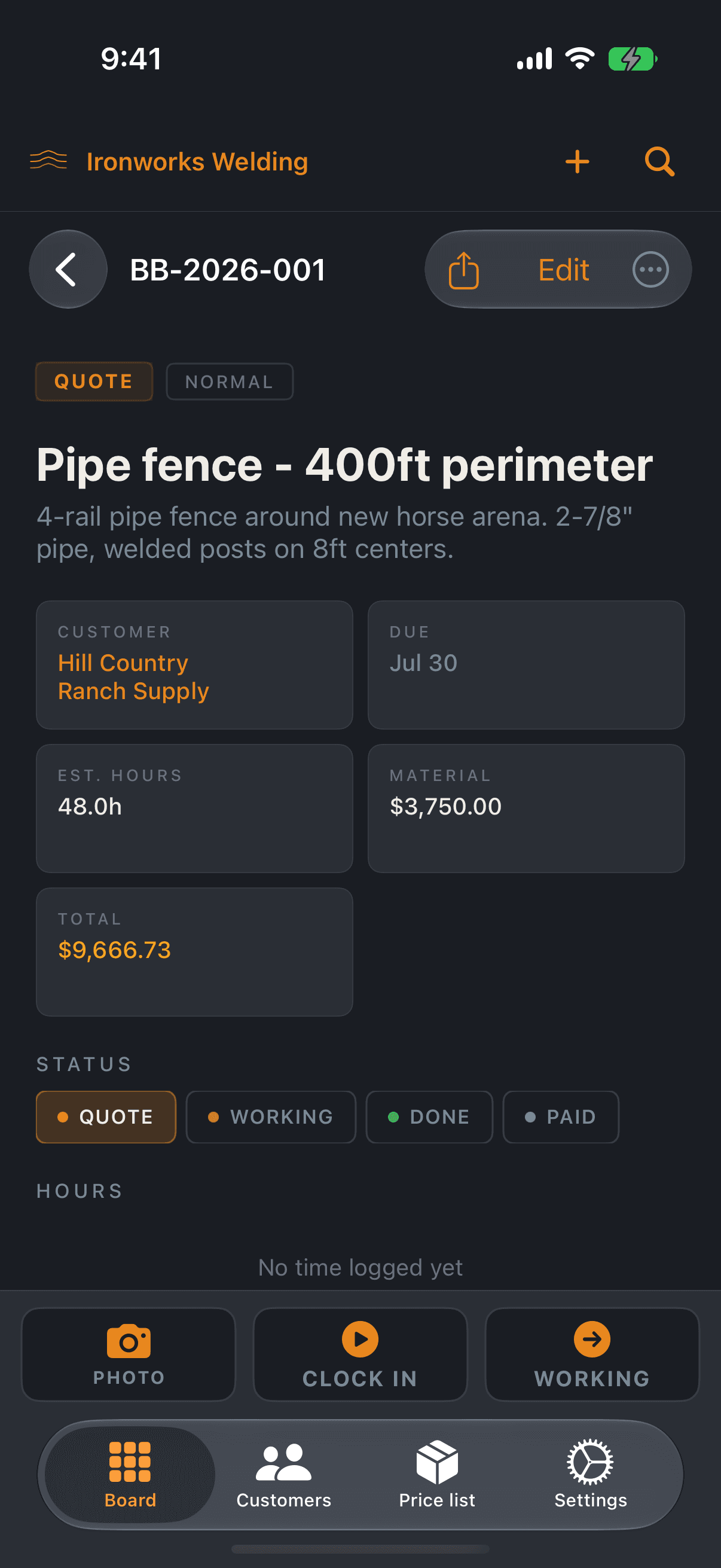 A job's detail with quote and status on iPhone
