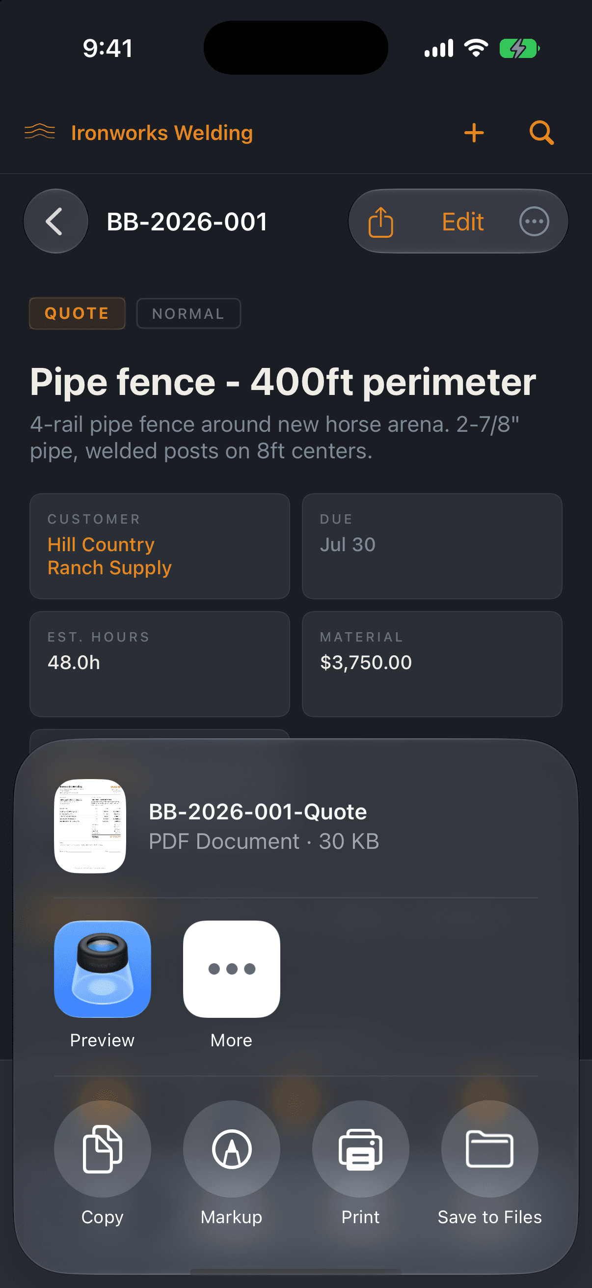 Bead Board iOS share sheet with a generated PDF quote