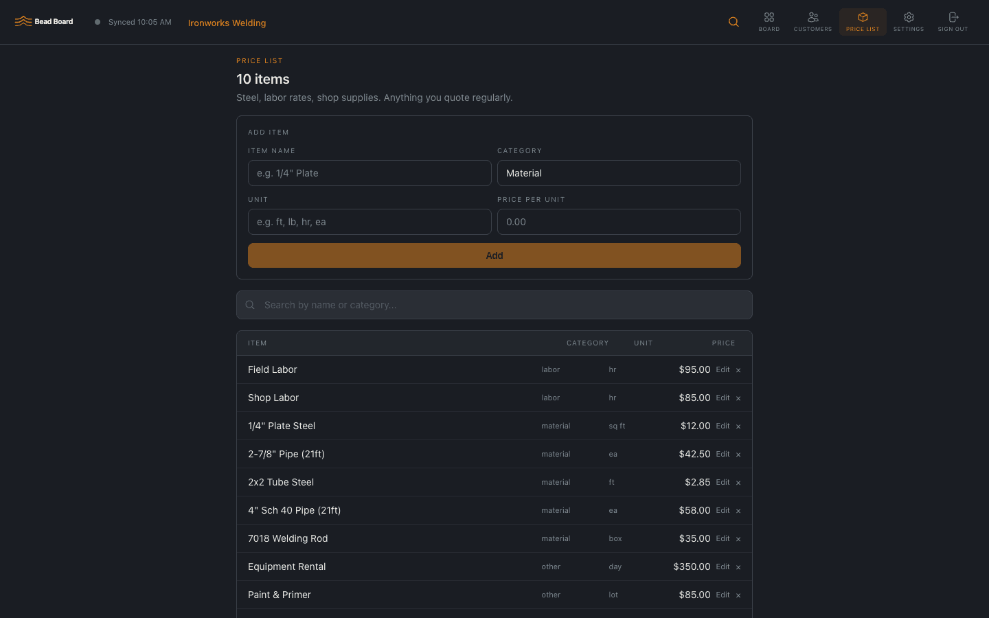 Bead Board saved material price list with markup