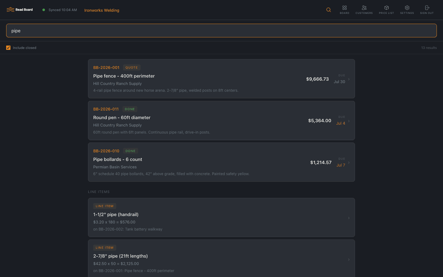 Full-text search across every job on Bead Board