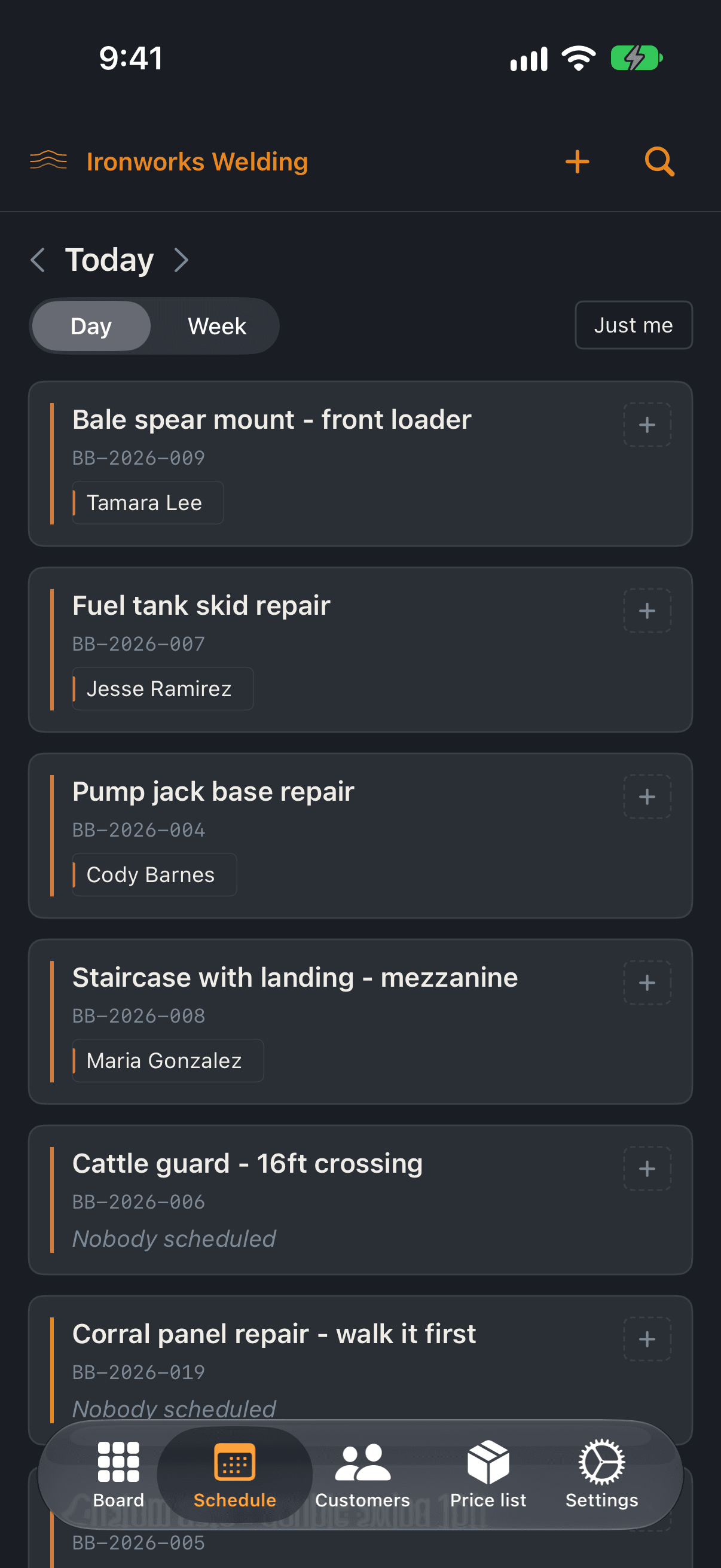 Bead Board schedule day board on iPhone: each job with the welders on it today